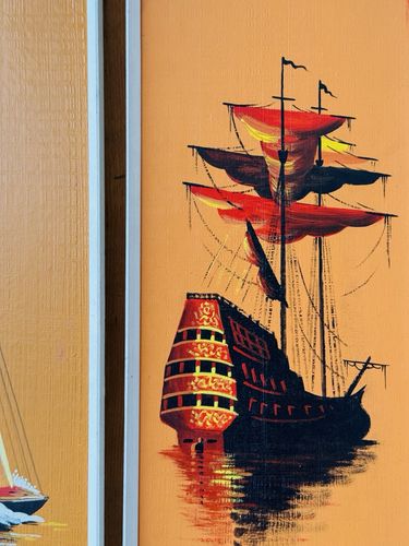 2 Framed Mid Century Paintings Of Boats At Sunset By L. C. Collier photo vinterior