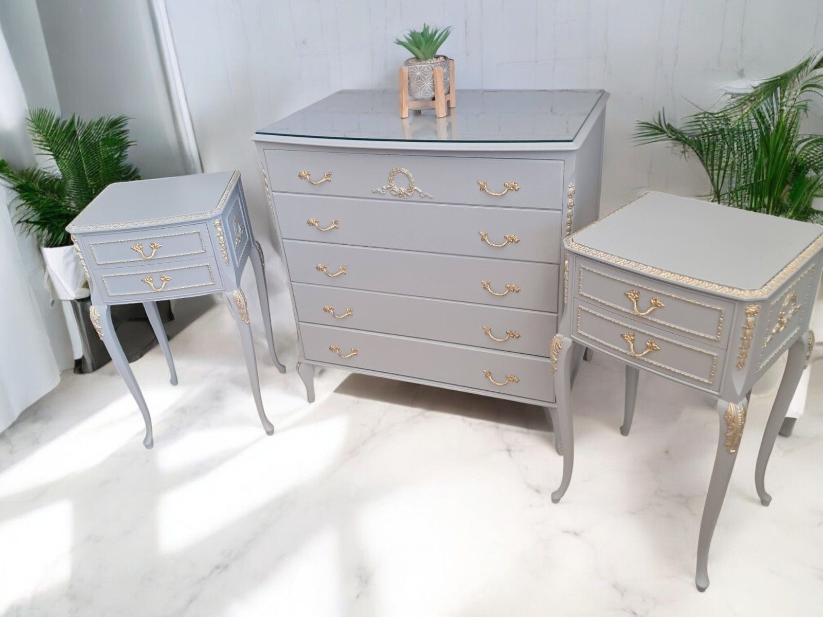 French Louis XV Chest Of Drawers + Pair Bedside Cabinets Grey Gold Painted photo for sale