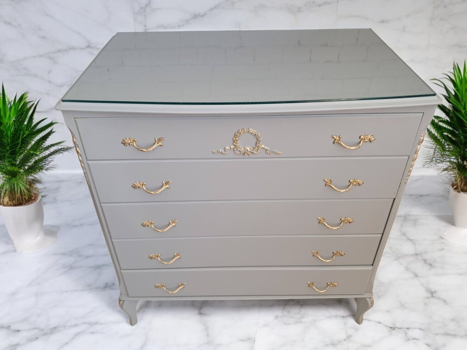 French Louis XV Chest Of Drawers + Pair Bedside Cabinets Grey Gold Painted photo vinterior