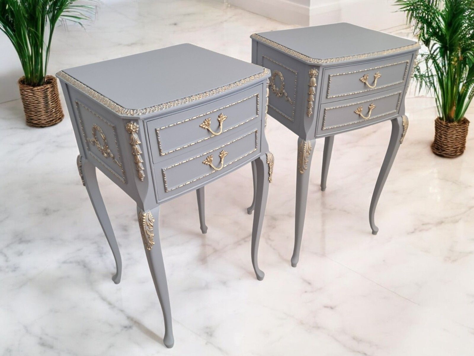 French Louis XV Chest Of Drawers + Pair Bedside Cabinets Grey Gold Painted photo buy