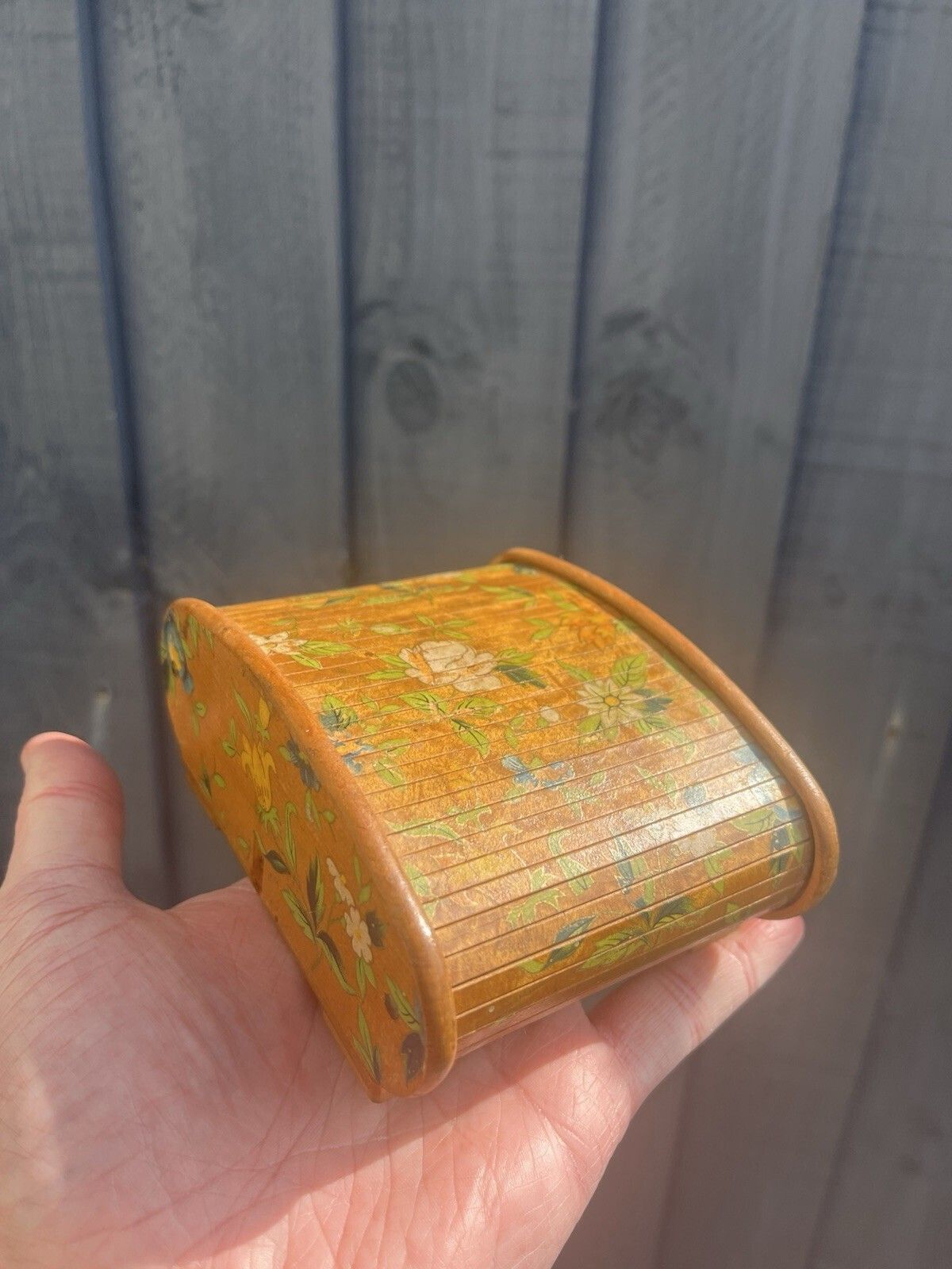 Antique Art Deco Wooden Tambour Rolltop Handpainted Floral Sliding Lid Box Treen