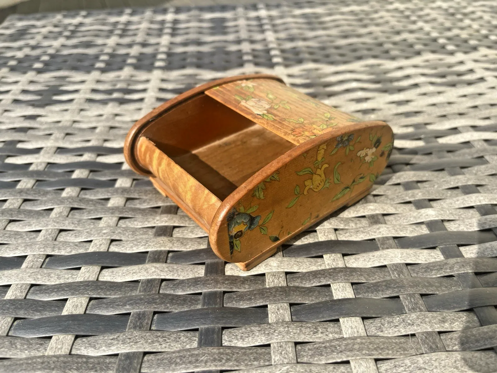 Antique Art Deco Wooden Tambour Rolltop Handpainted Floral Sliding Lid Box Treen photo 65.0