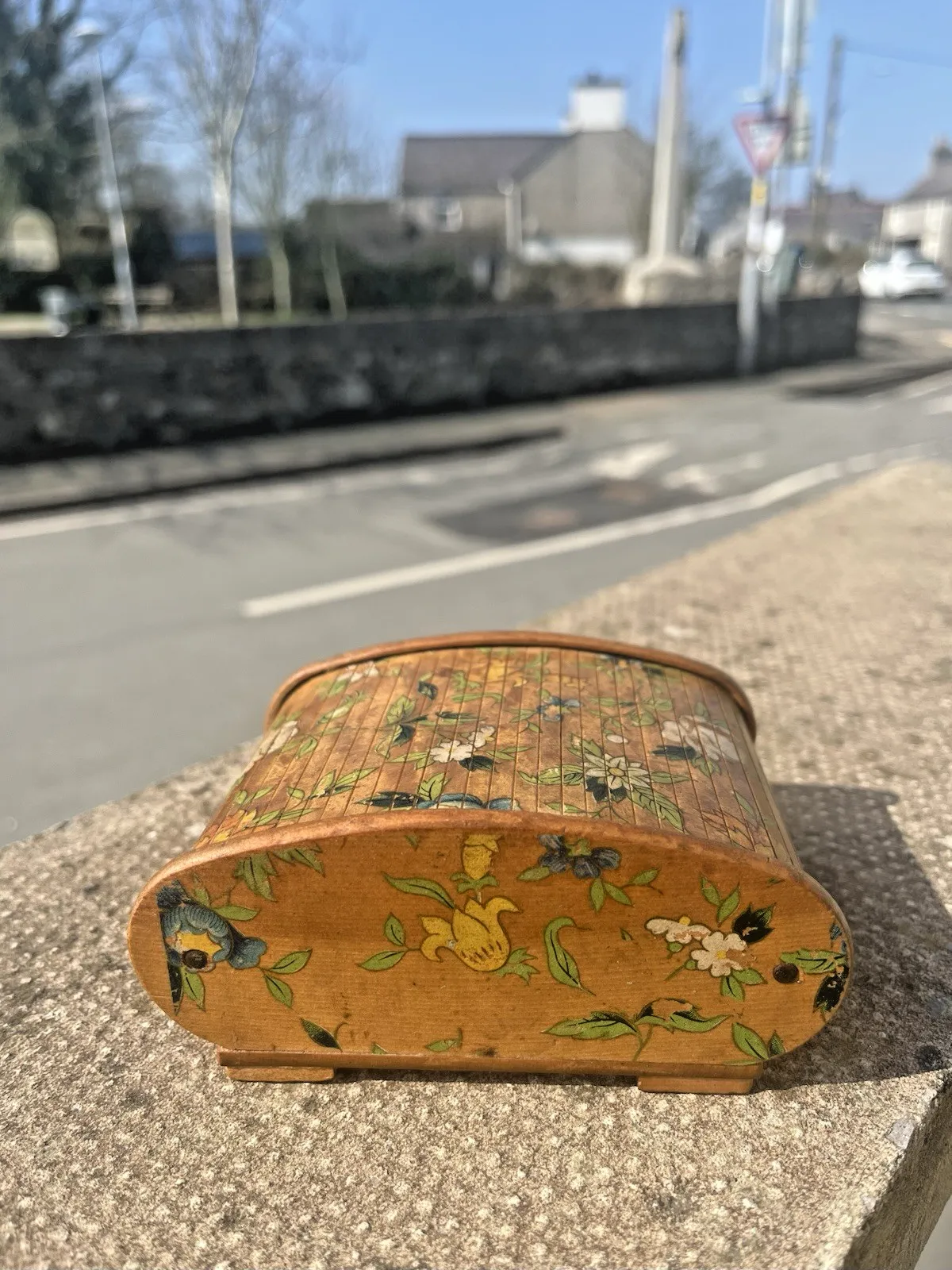Antique Art Deco Wooden Tambour Rolltop Handpainted Floral Sliding Lid Box Treen photo buy