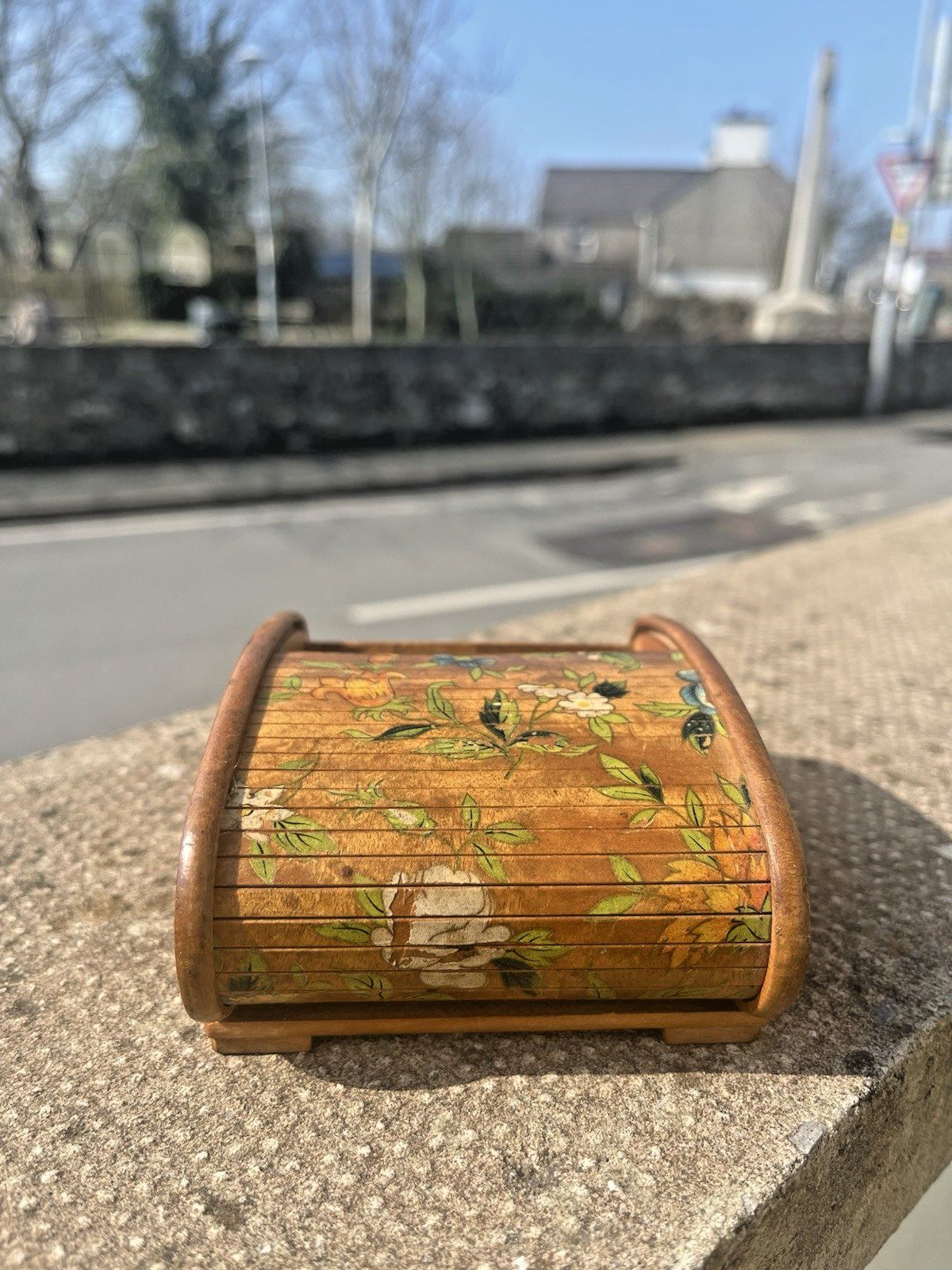 Home Decor Antique Art Deco Wooden Tambour Rolltop Handpainted Floral Sliding Lid Box Treen photo