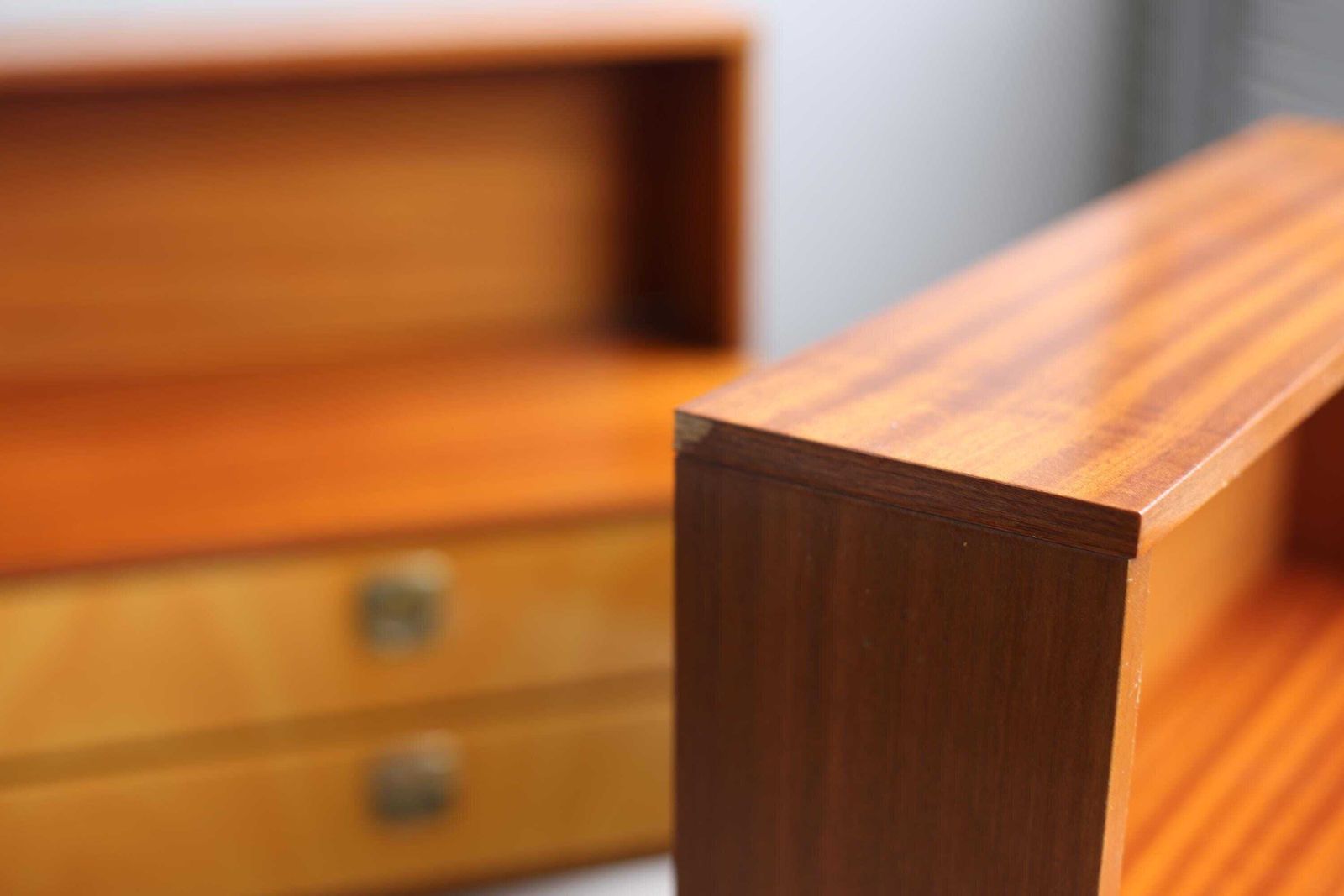 photo for sale Pair Of Vintage Meblo Yugoslavia Bedside Cabinets / Pair With Drawers And Detachable Top – Maple & Mahogany Veneer / Mid Century Design