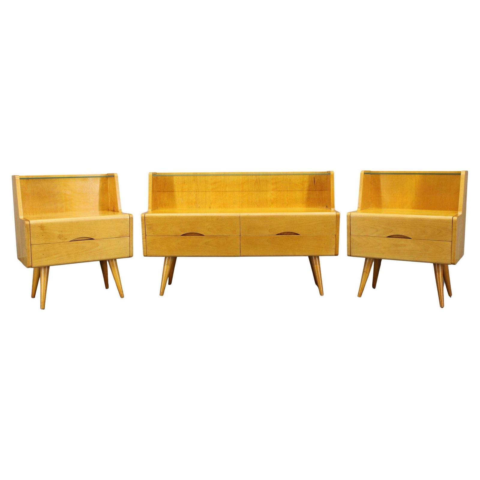 1960s Set Of Night Stands And Chest Of Drawers With Glass Shelf, Czechoslovakia