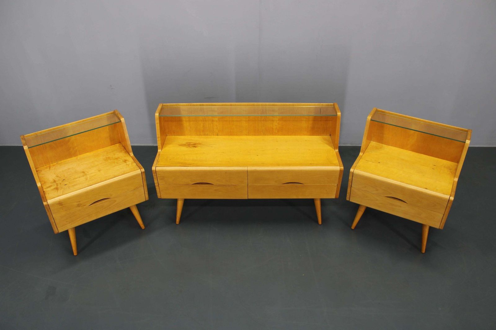 1960s Set Of Night Stands And Chest Of Drawers With Glass Shelf, Czechoslovakia photo for sale