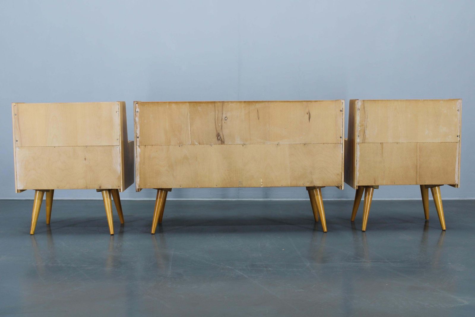 1960s Set Of Night Stands And Chest Of Drawers With Glass Shelf, Czechoslovakia photo vintage