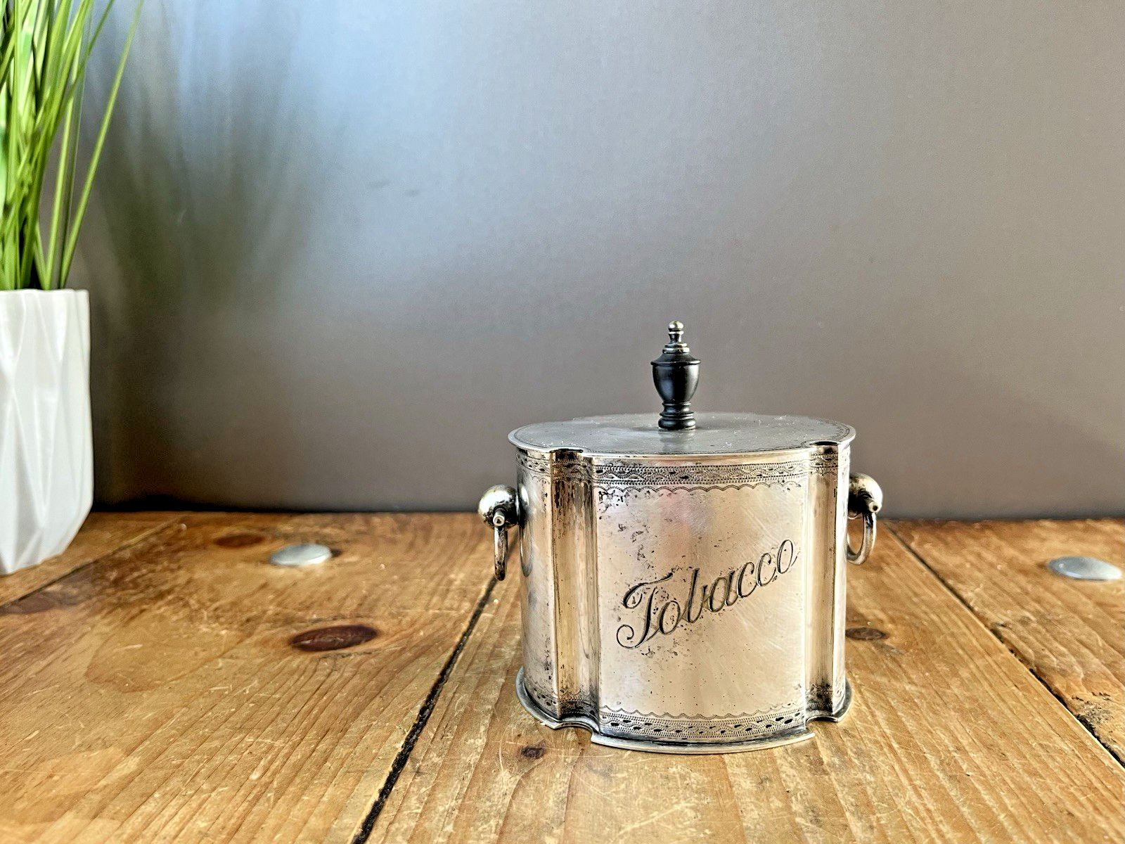 Antique 1880's William Henry Lyde English Epns Tobacco Jar & Tamper Weight Ebony Finial photo furniture