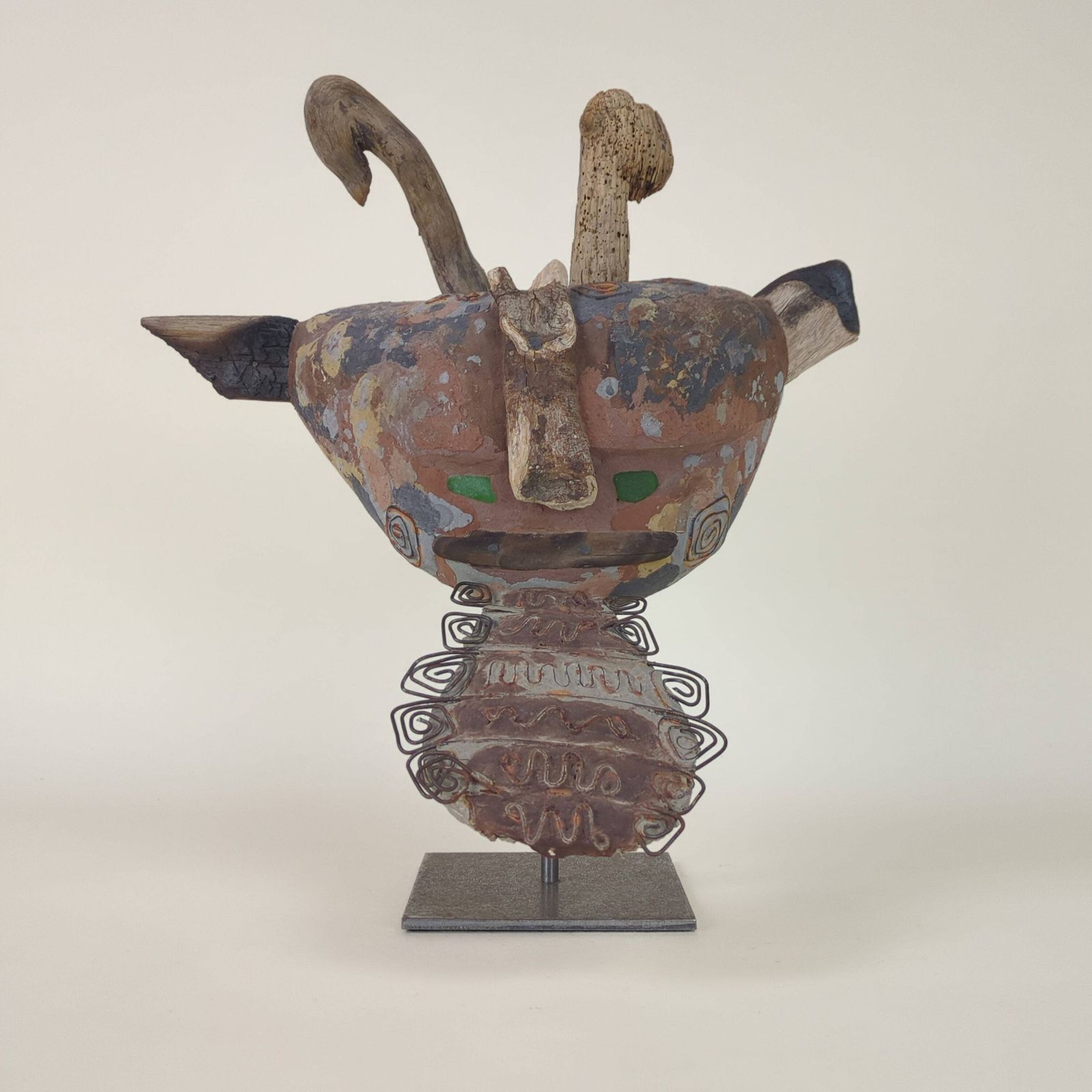Ntage Abstract Mixed Media Mask Sculpture On Metal Stand   Unique Artistic Home Decor photo Art