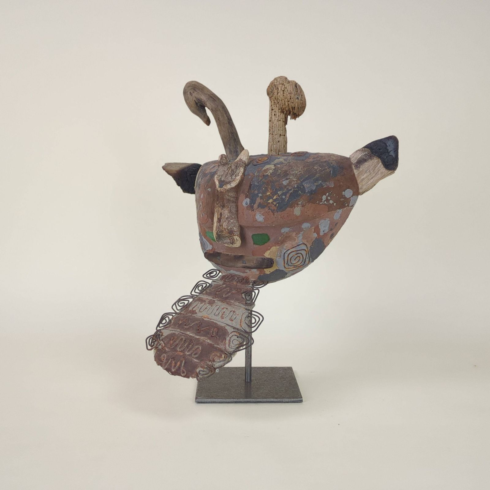 Ntage Abstract Mixed Media Mask Sculpture On Metal Stand   Unique Artistic Home Decor photo vintage