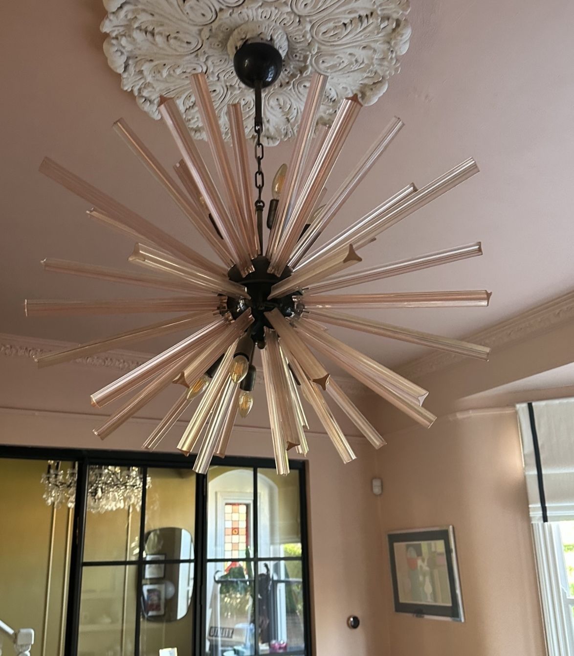 Italian Sputnik Chandelier With 50 Pink Glass Prisms photo Lighting