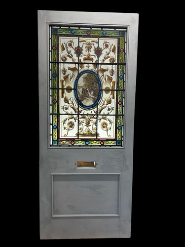 photo vintage Rare Victorian Hand Painted Stained Glass Front Door Antique Reclaimed Refurb