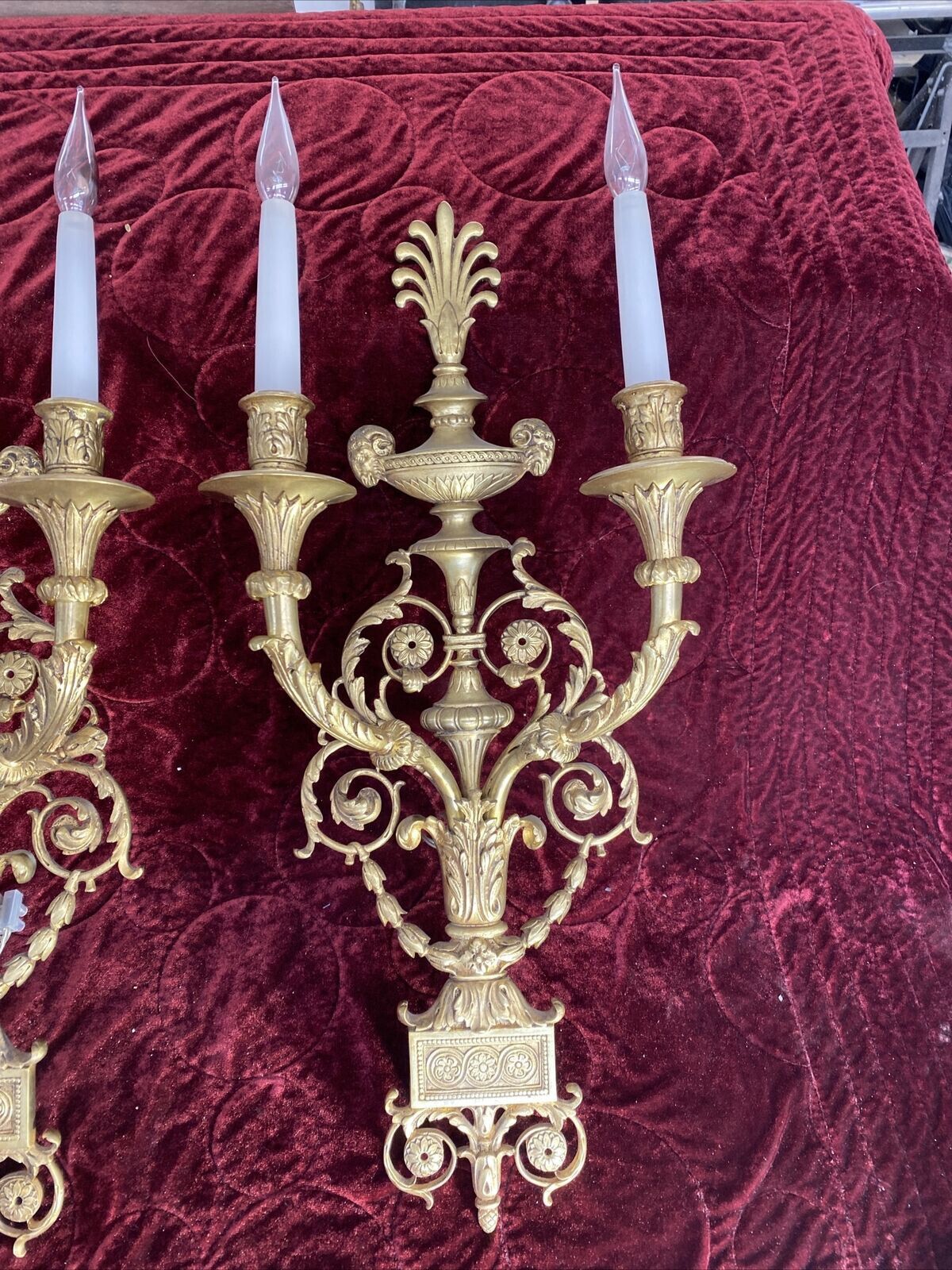 Set 3 Large Antique Gold Gilt Brass Wall Sconces Lights Louis XV 19th Century photo Lighting