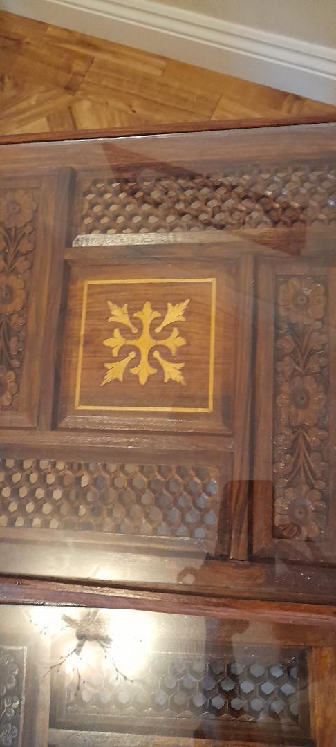Nest Of 3 Pakistani Marquetry Carved Fretwork Wooden Side Coffee Lamp Tables Glass Top photo 95.0