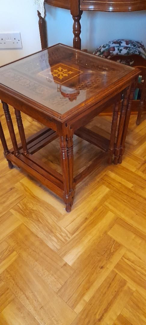 Nest Of 3 Pakistani Marquetry Carved Fretwork Wooden Side Coffee Lamp Tables Glass Top photo furniture