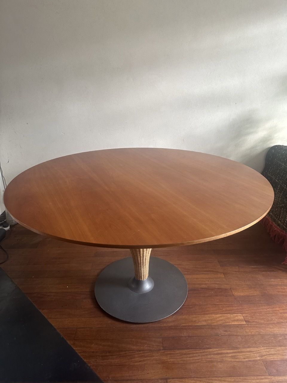 Pierantonio Bonacina Cherry Wood Round Dining Table With Wicker And Steel Base