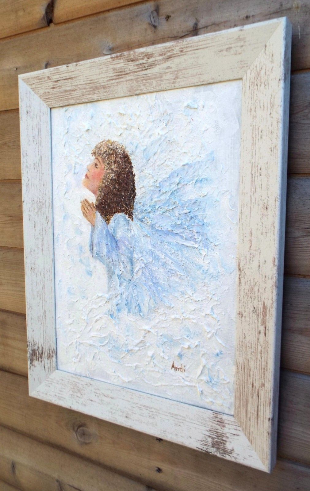 Heavenly Guardian Angel In The Clouds Original  Framed Painting Andi J Lucas photo vintage