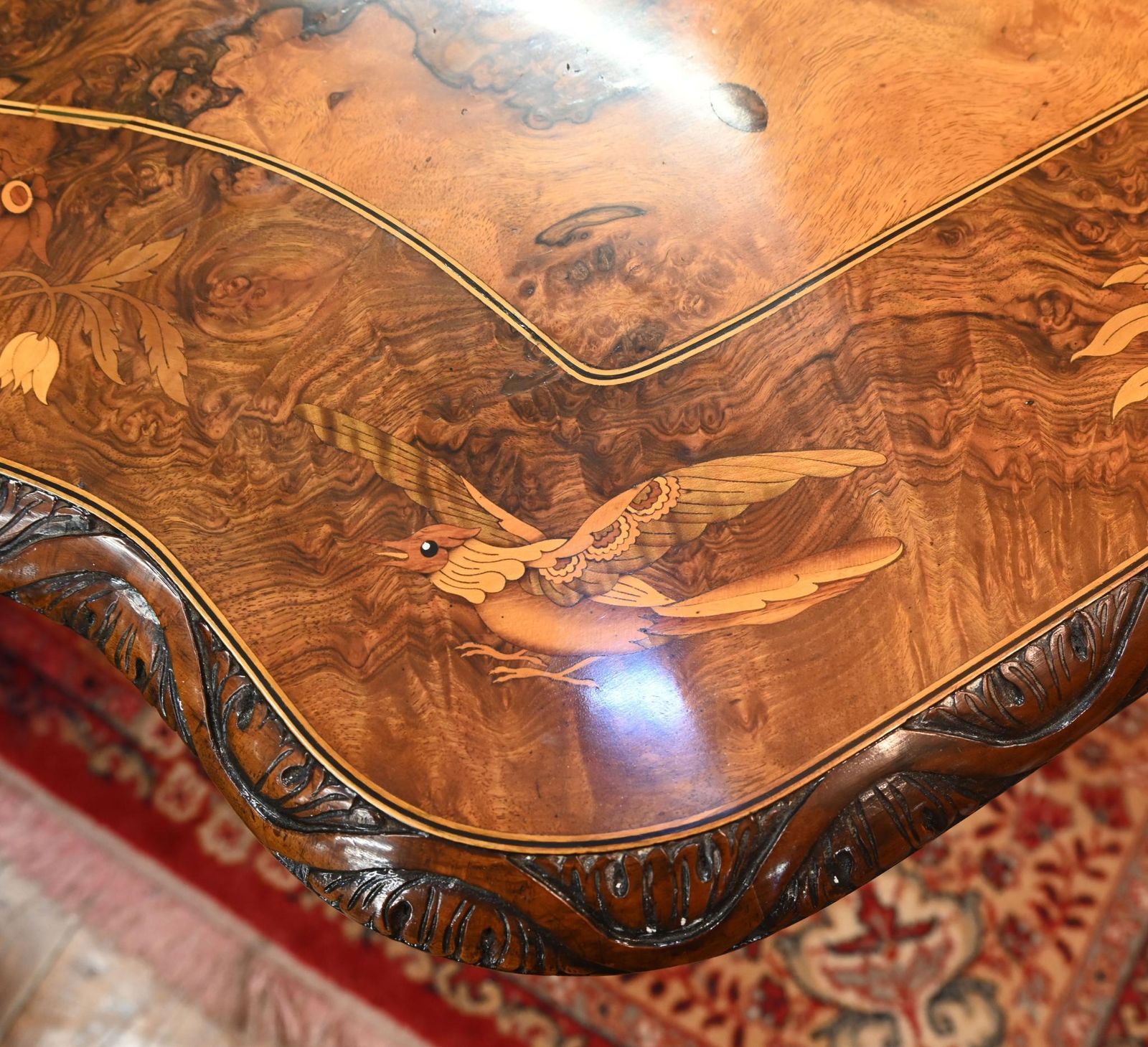 Carved Italian Hall Table Walnut Inlay Sea Serpent Base 1860 photo for sale