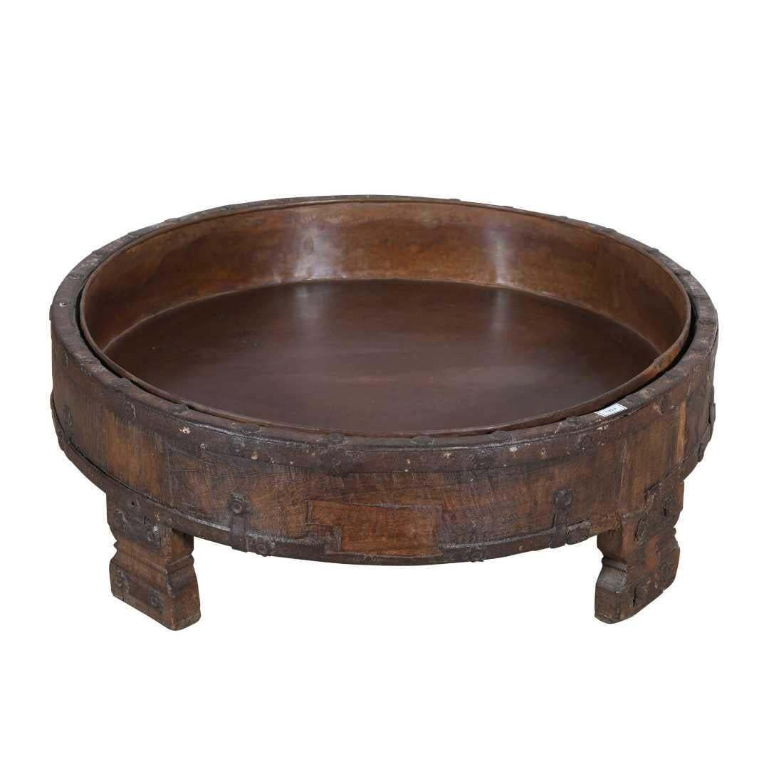 Antique Indian Chakki Coffee Table – Teak Wood Grinder, 19th Century Rajasthan, Plant Stand