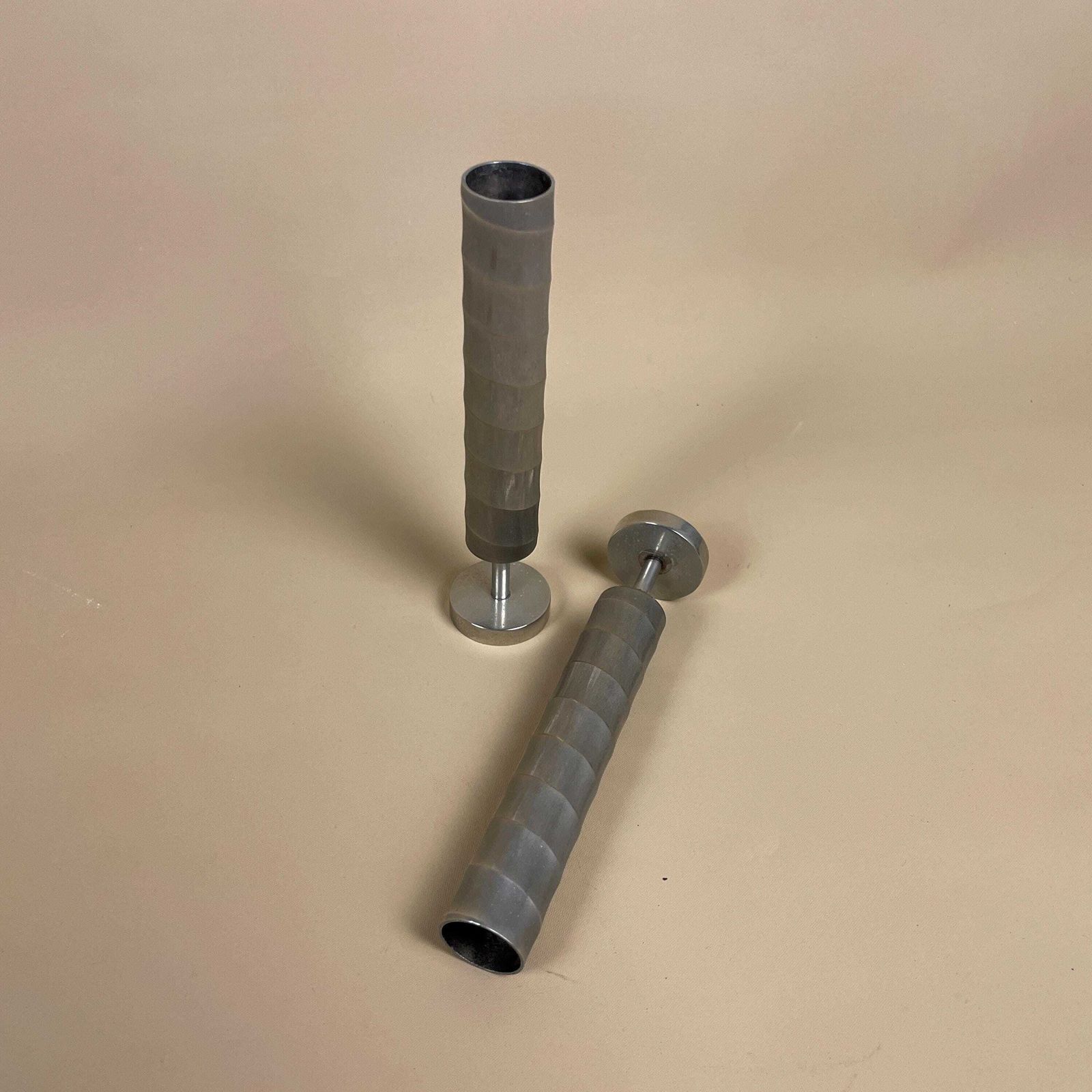 Antique Matching Pair Of Silver Plated Metal Candlestick Candle Stick Vintage Column Taper Dinner Candlesticks Twisted Twist Round Base photo furniture