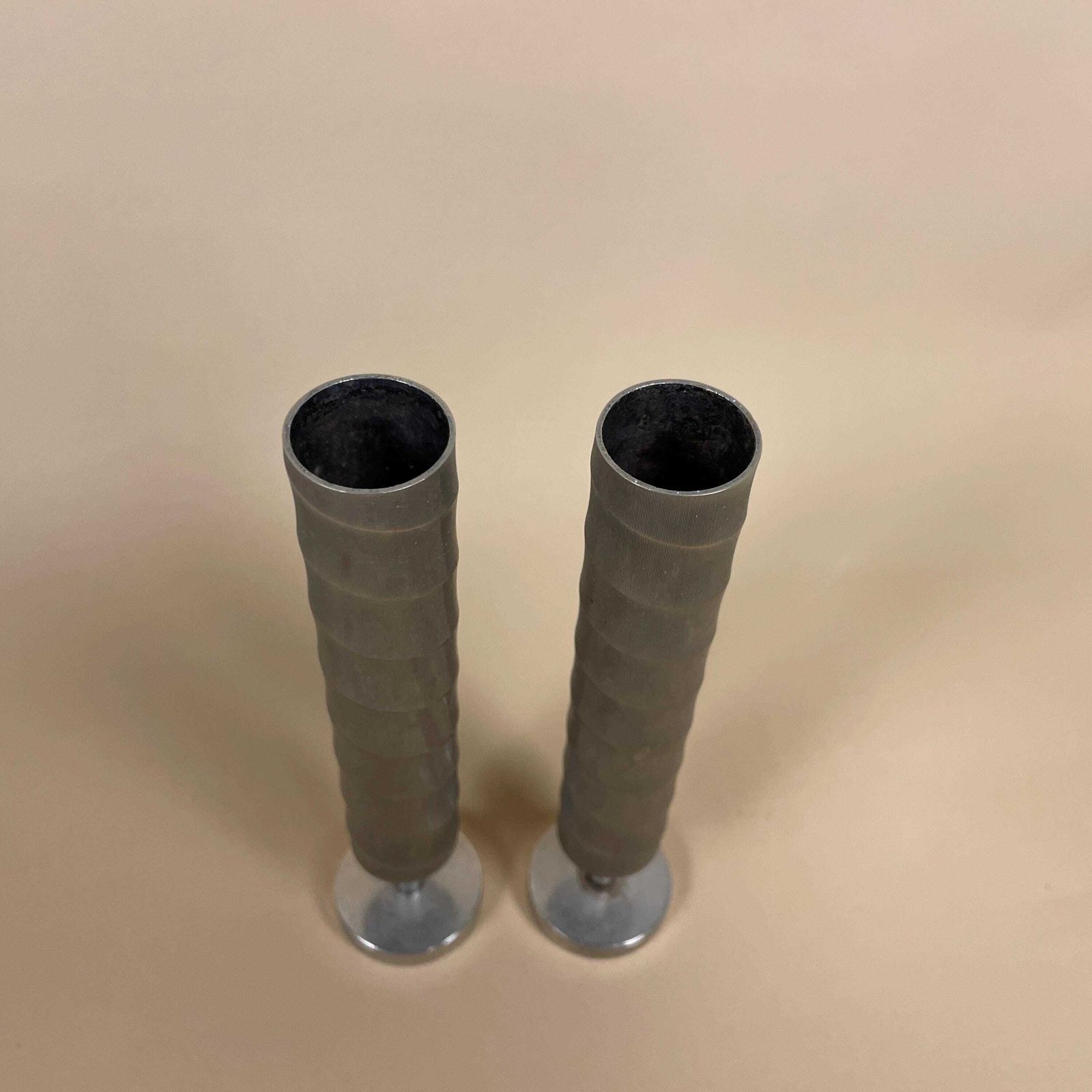 Antique Matching Pair Of Silver Plated Metal Candlestick Candle Stick Vintage Column Taper Dinner Candlesticks Twisted Twist Round Base photo vinterior