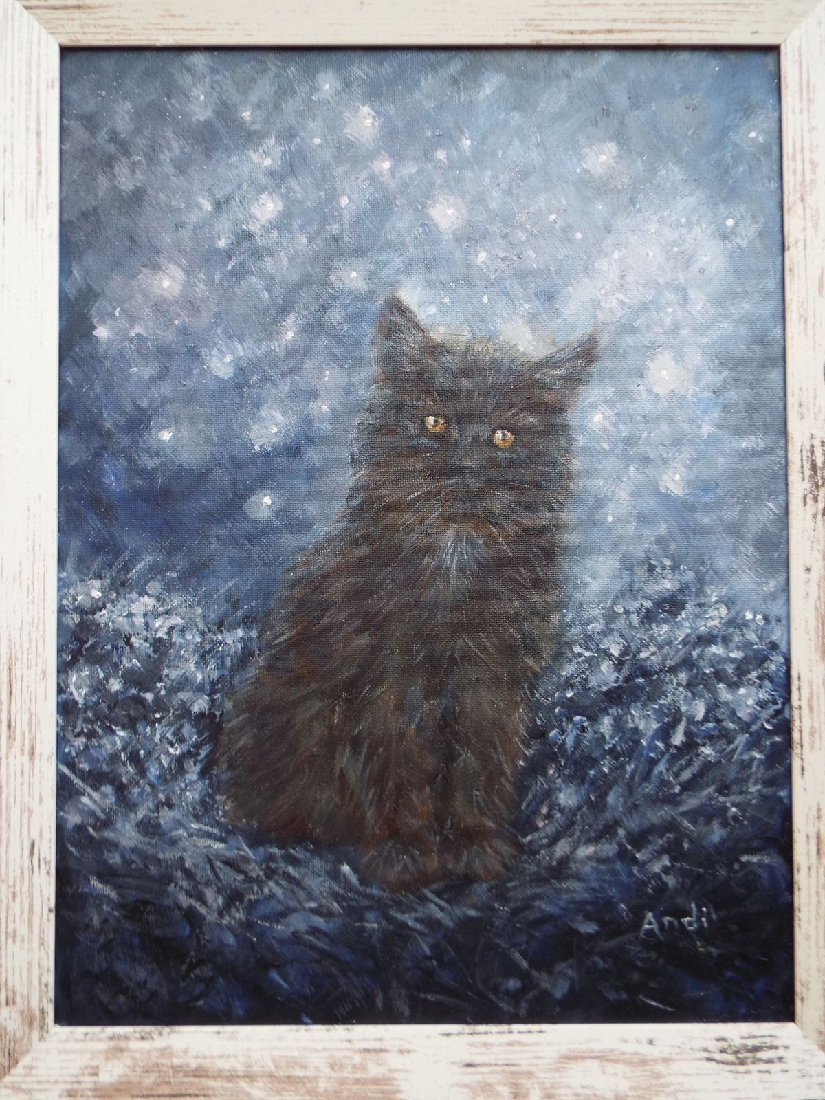 Black Cat Kitten In Starlight Starlit Night Original Painting Andi J Lucas photo furniture