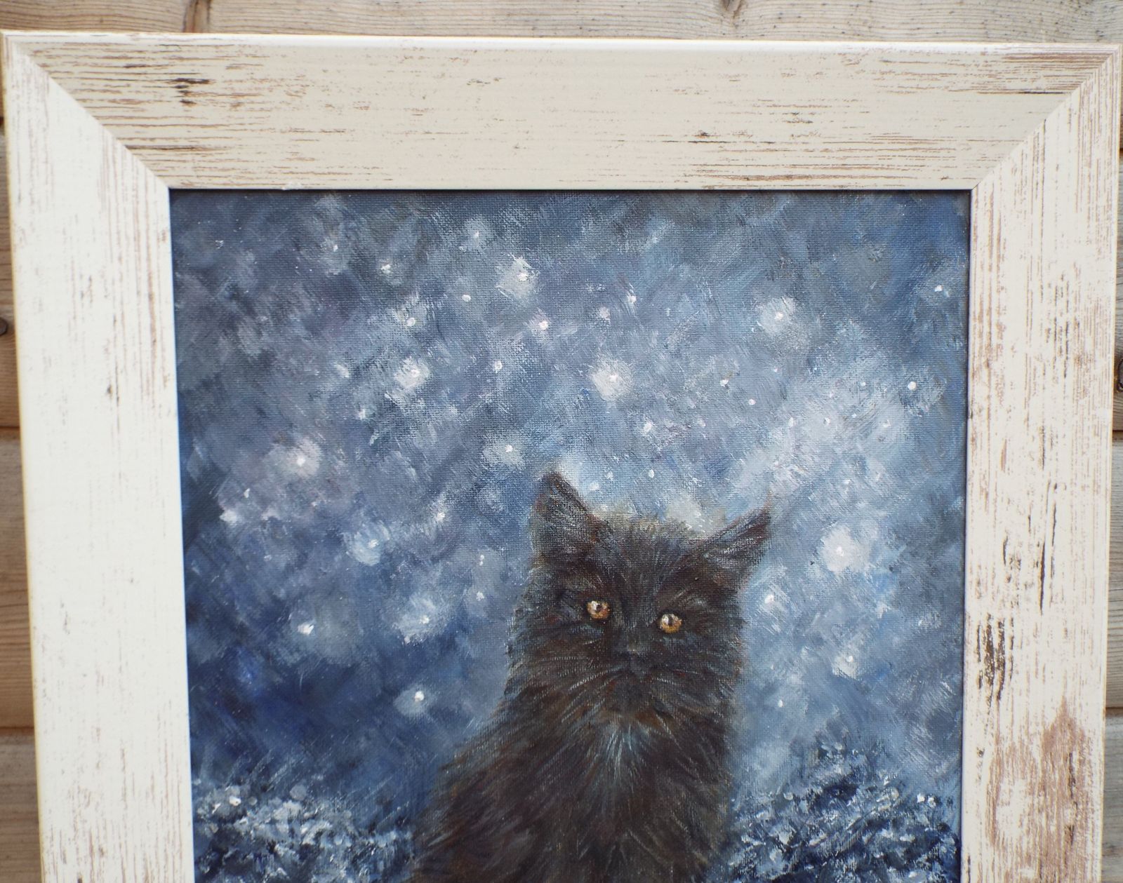 Black Cat Kitten In Starlight Starlit Night Original Painting Andi J Lucas photo for sale
