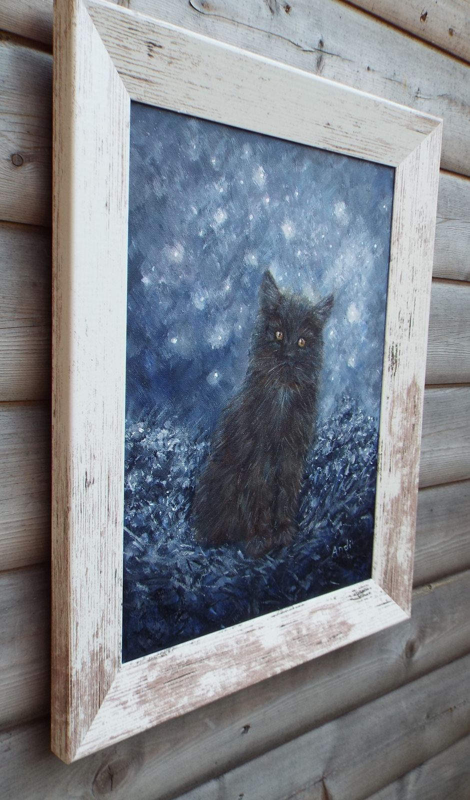 Black Cat Kitten In Starlight Starlit Night Original Painting Andi J Lucas photo buy