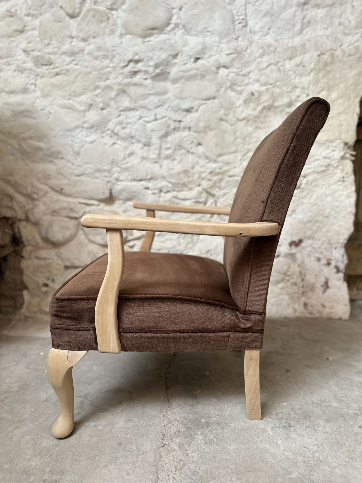 Mid Century Brown Velour Chair With Cabriole Legs photo furniture