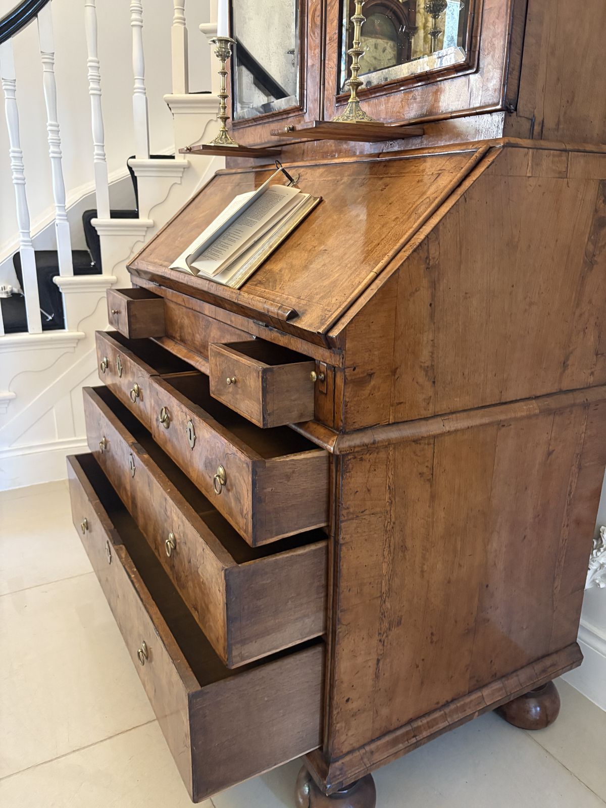 Antique Queen Anne Fantastic Quality Burr Walnut And Featherbanded Bureau Bookcase photo for sale