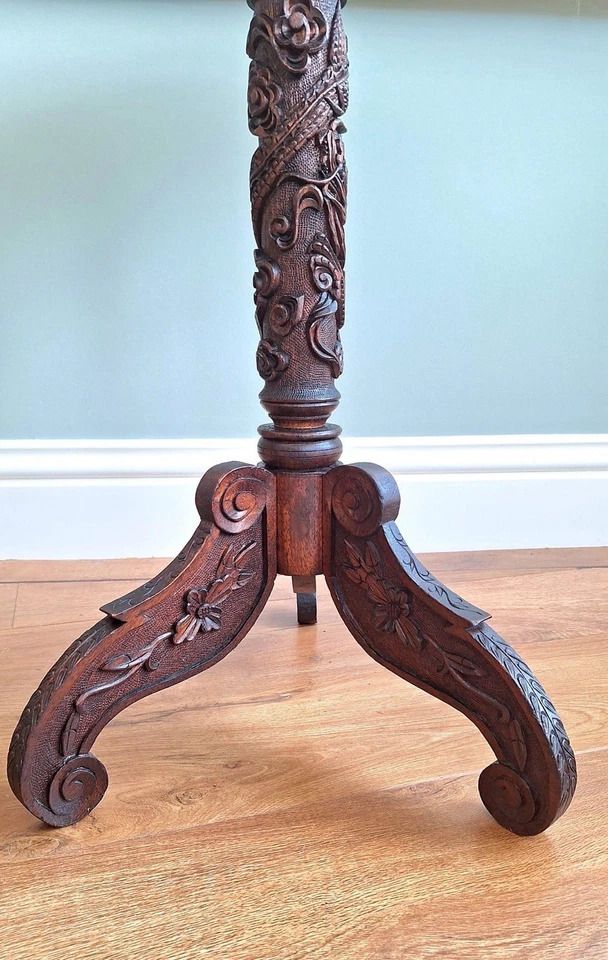 Antique Asian Chinese Hand Carved Pedestal Side Table, Dragons In Clouds C1900 photo 695.0