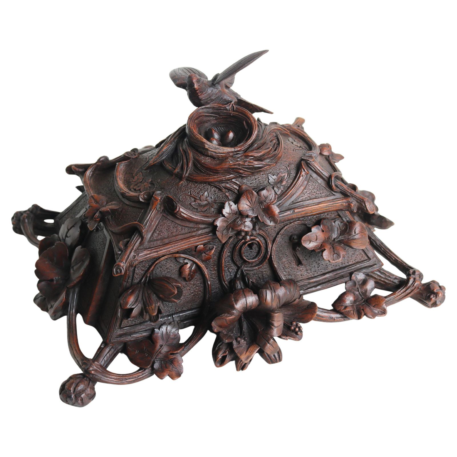 Exquisite Openly Carved 19th Century Swiss Black Forest Jewelry Box Walnut Bird