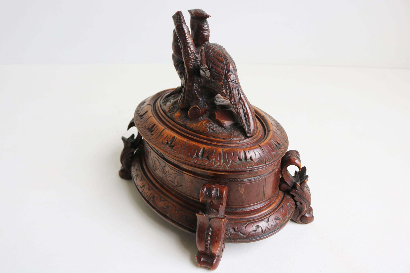photo for sale Large Oval Antique Swiss 19th Century Black Forest Jewelry Box Walnut 3 Birds