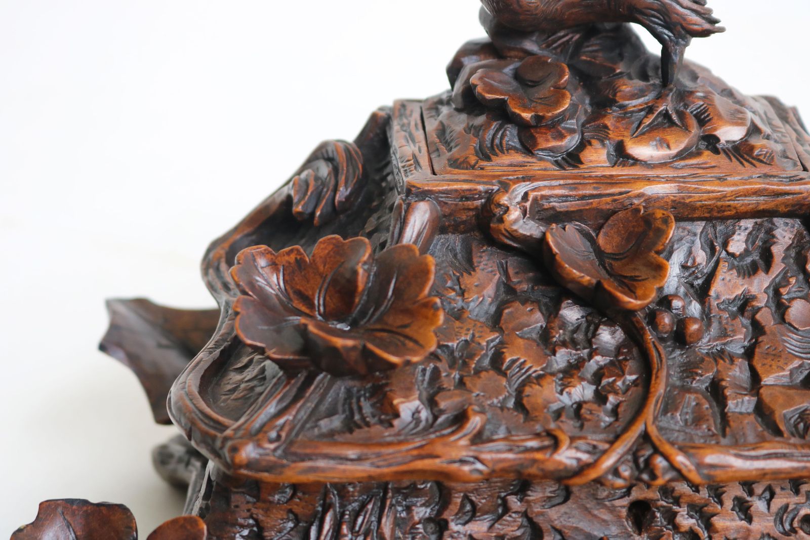 Rare 2 Tier Swiss 19th Century Black Forest Jewelry Box Hand Carved Fox & Bird. photo for sale