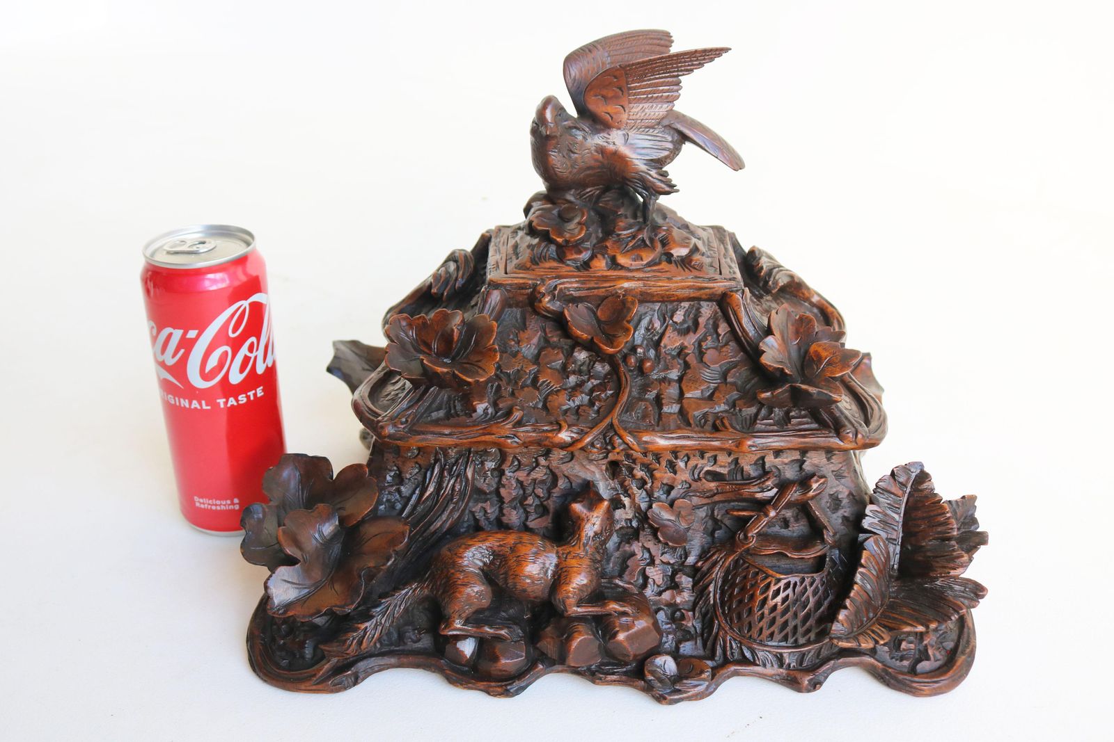 Rare 2 Tier Swiss 19th Century Black Forest Jewelry Box Hand Carved Fox & Bird. photo vintage