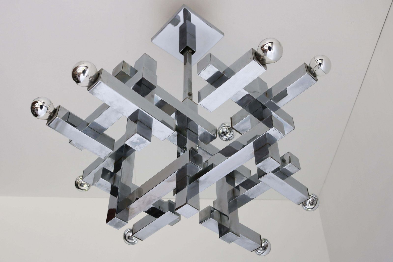 photo for sale Zeldzame Mid Century Design Hanglamp Van Gaetano Sciolari, Model Metric, 1960, Chroom