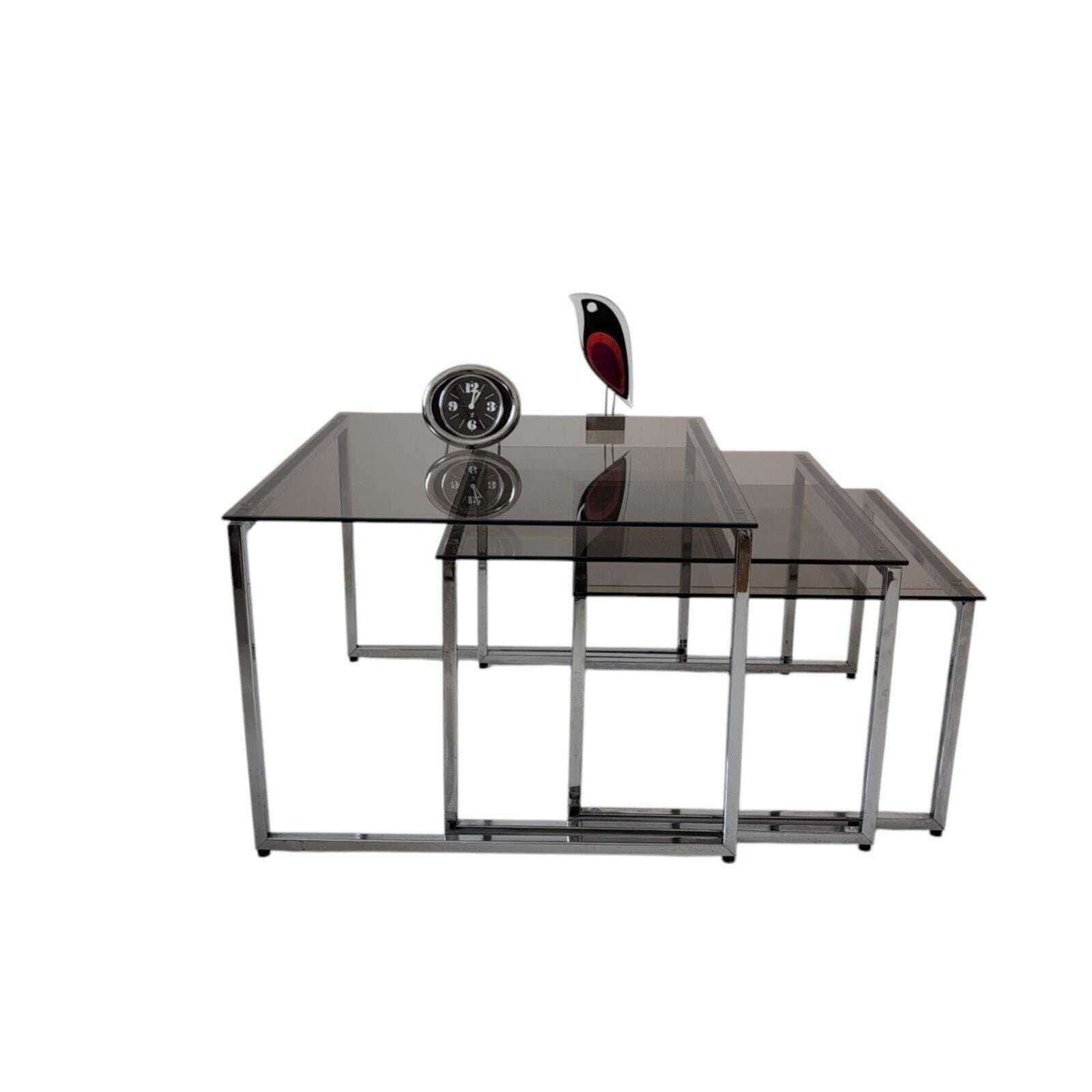 Vintage Mid Century Modern Bijzettafelset Van 3, Chroom En Rookglas