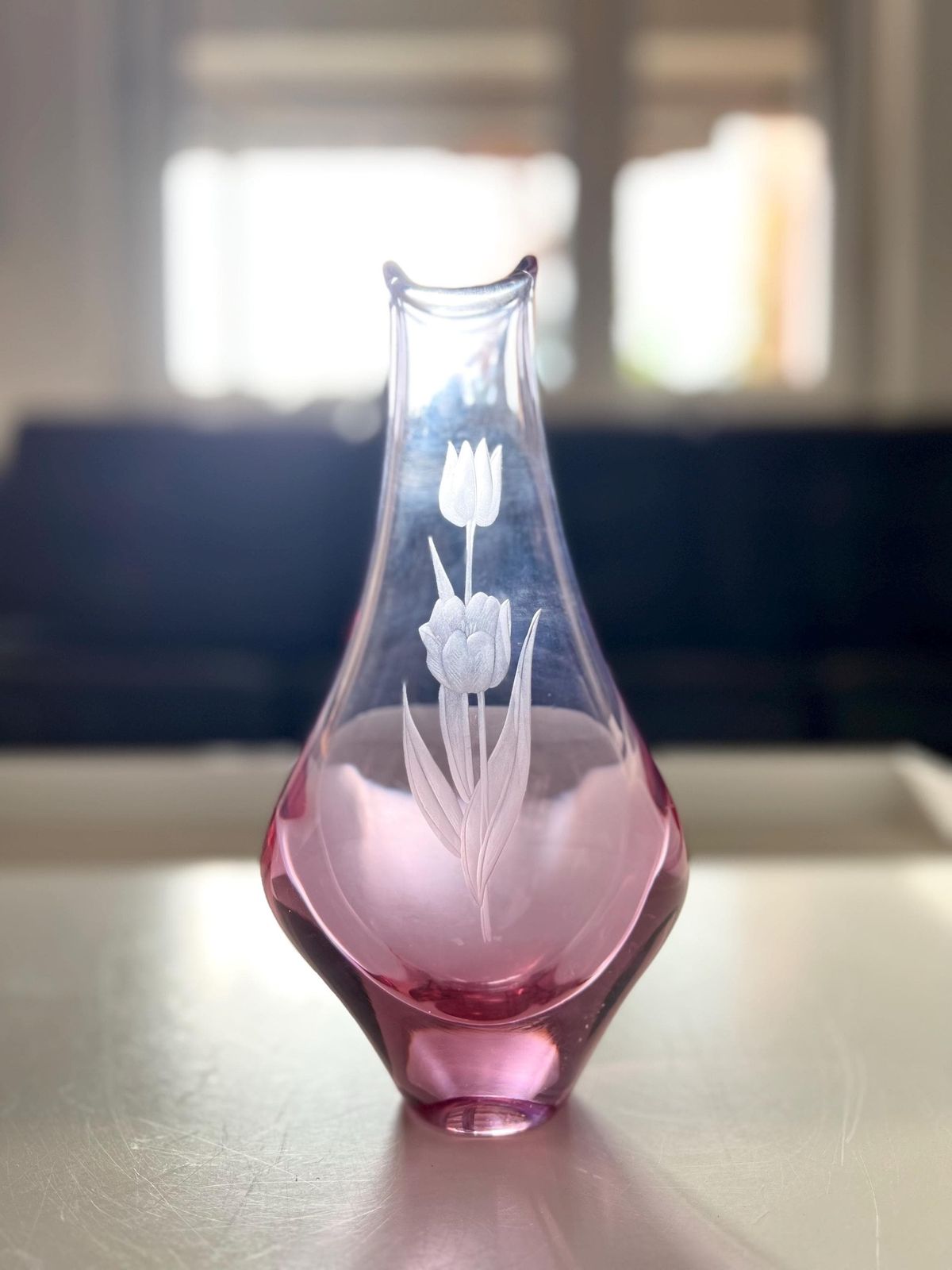 Pink Alexandrite Glass Vase With Etched Tulips   Zelezny Brod Sklo Vase   Neodymium Glass Vase   Zbs Sklo Union photo furniture