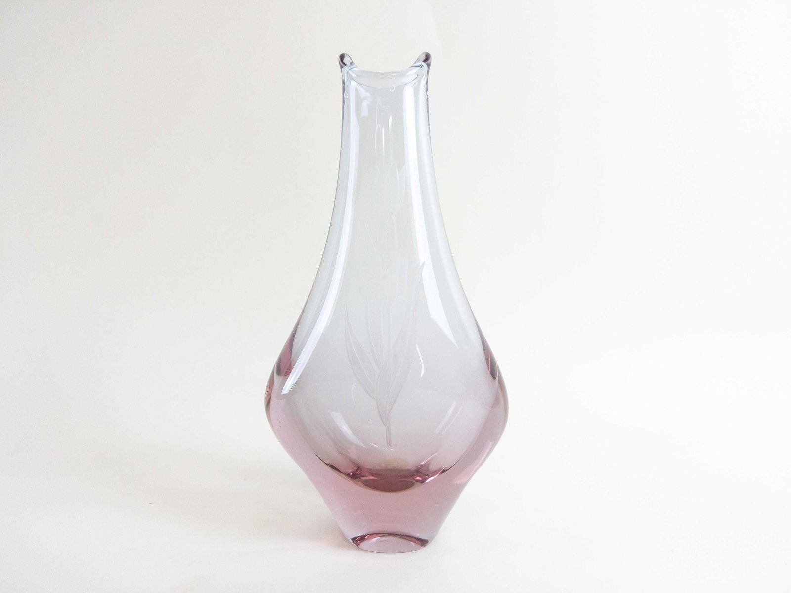 Pink Alexandrite Glass Vase With Etched Tulips   Zelezny Brod Sklo Vase   Neodymium Glass Vase   Zbs Sklo Union photo for sale