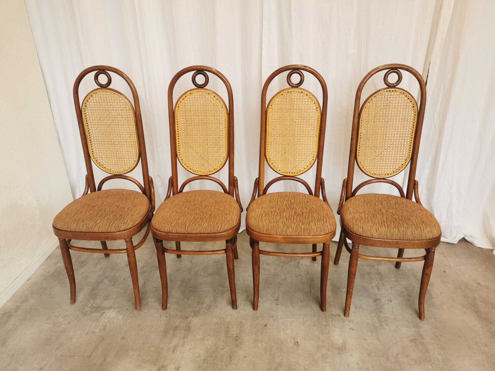 Set Of 4 Vintage High Backrest Dining Chairs / 1970s Thonet Style Bentwood Dine Chairs / Cane Back Fabric Seat / Mid Century Wooden Chairs photo furniture