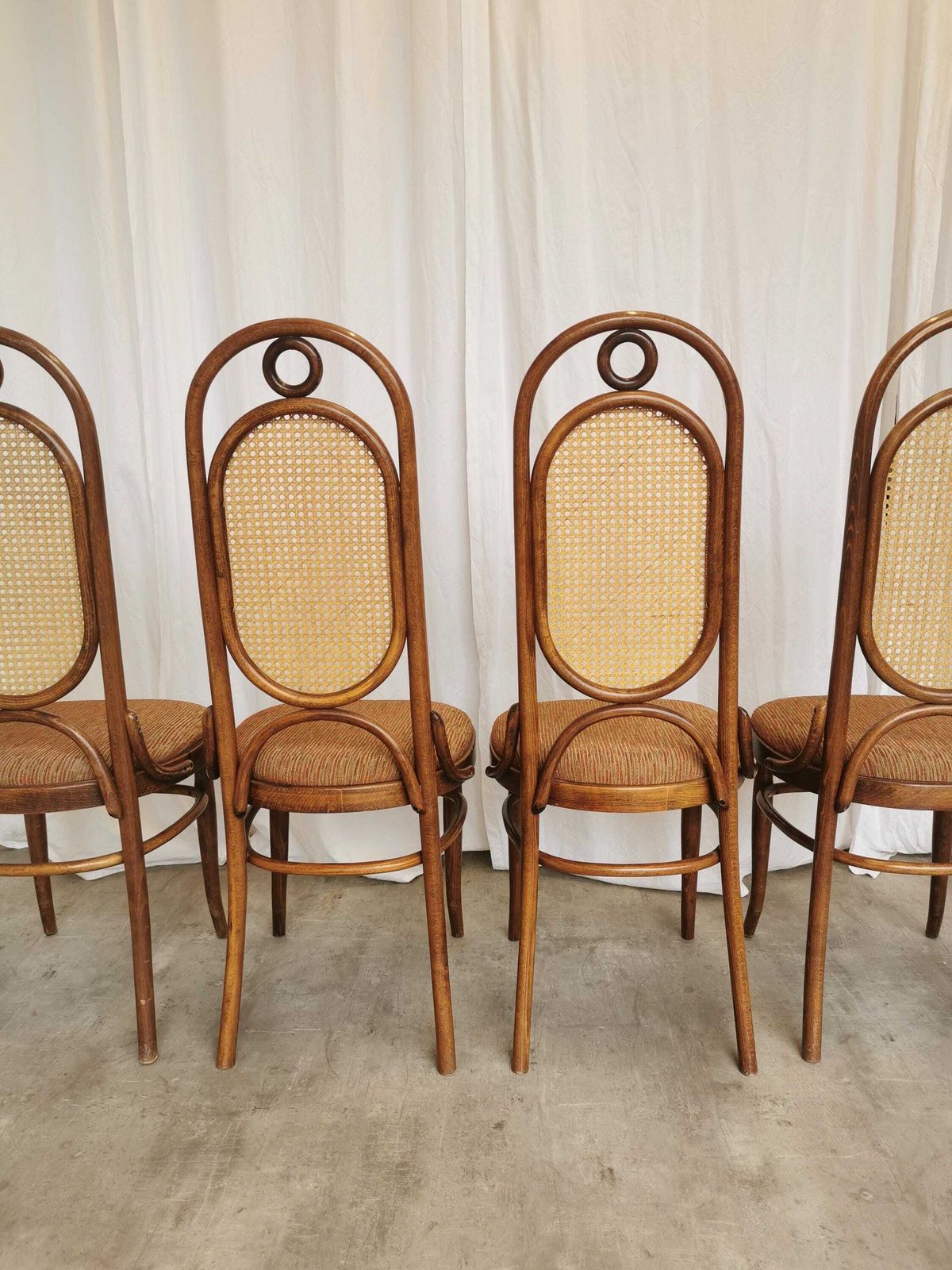 Set Of 4 Vintage High Backrest Dining Chairs / 1970s Thonet Style Bentwood Dine Chairs / Cane Back Fabric Seat / Mid Century Wooden Chairs photo Furniture