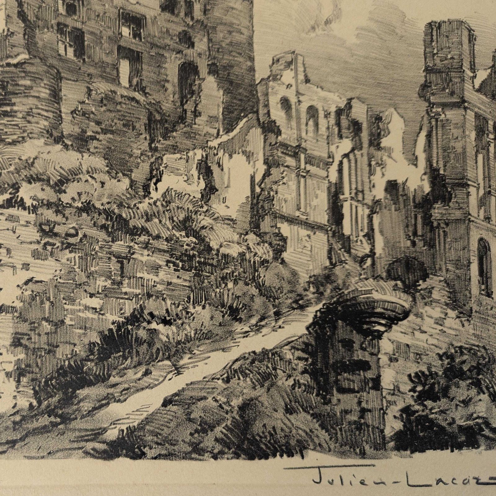Antique Julien Lacaze Engraving Of Exterior Of Castle Ruins France, Signed French Art Print photo buy