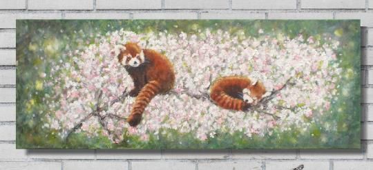 Red Pandas In Cherry Blossom Landscape Wildlife Original Painting Andi J Lucas photo vinterior