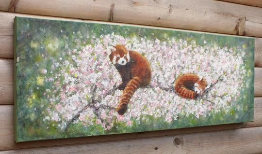 Red Pandas In Cherry Blossom Landscape Wildlife Original Painting Andi J Lucas photo vintage