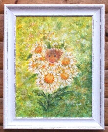 New Original Framed Painting Harvest Mouse & Flowers Andi J Lucas  Wildlife Art photo furniture