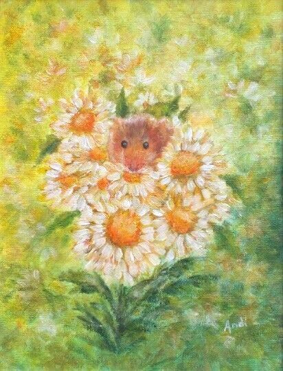 New Original Framed Painting Harvest Mouse & Flowers Andi J Lucas  Wildlife Art photo for sale