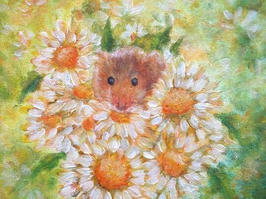 New Original Framed Painting Harvest Mouse & Flowers Andi J Lucas  Wildlife Art photo Art