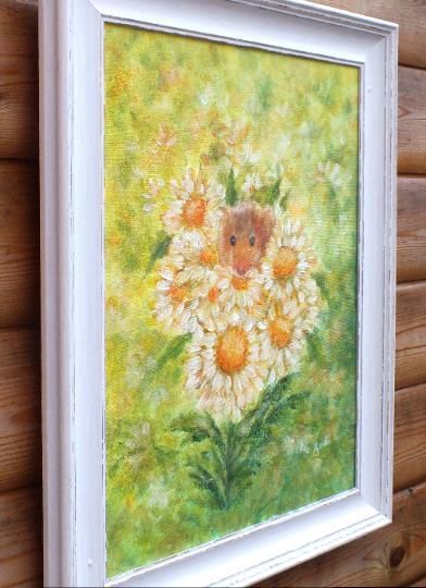 New Original Framed Painting Harvest Mouse & Flowers Andi J Lucas  Wildlife Art photo vinterior