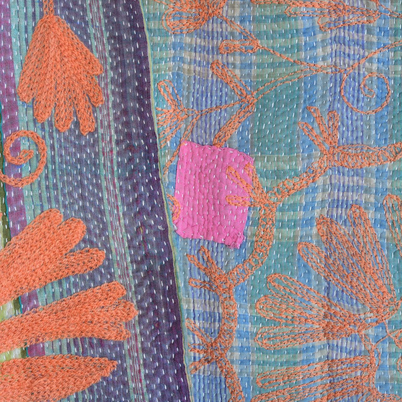 Vintage Finestitch Kantha Quilt With Suzani Embroidery photo for sale